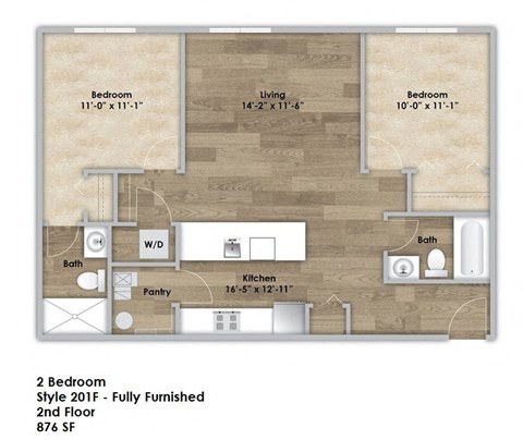 Floor plan for 2 beds, 2 baths, 876 sqft